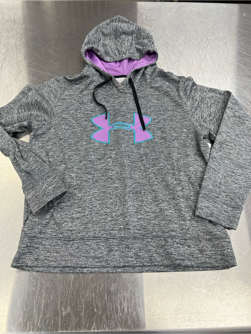 Under Armour Storm Gray Heather Hoodie with Purple Logo and Lined Hood Women XL